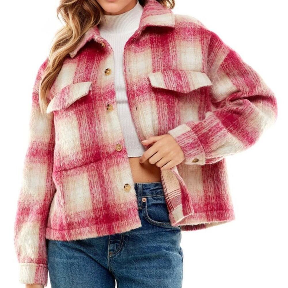 Vici‎ Plaid Oversized Boxy Jacket Medium Shirt Shacket Pink Cabincore Cozy Fuzzy